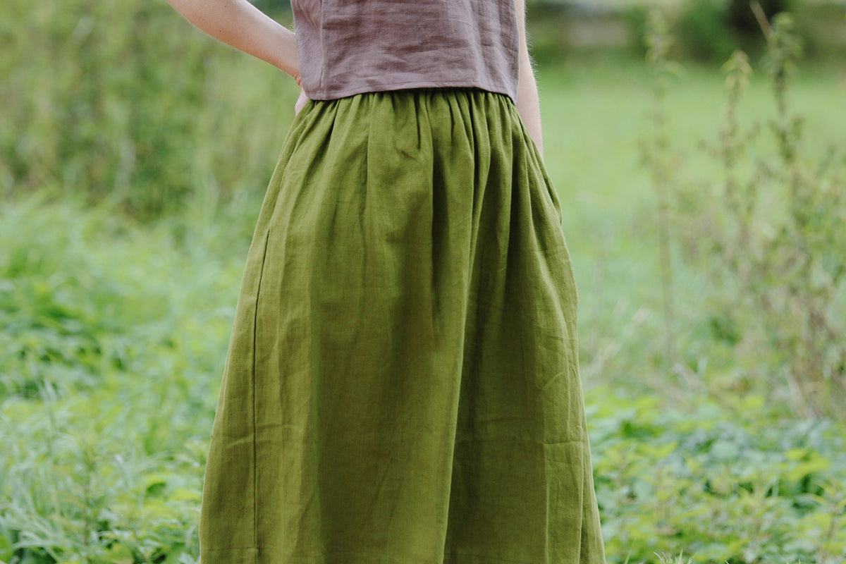 Lotte Olive Linen A-Line Midi Skirt — view 2