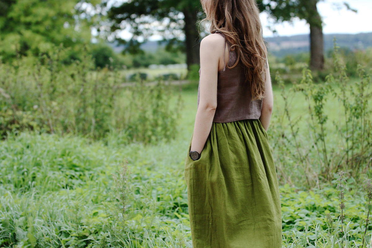Lotte Olive Linen A-Line Midi Skirt — view 5