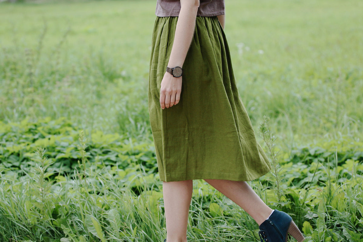 Lotte Olive Linen A-Line Midi Skirt — view 3