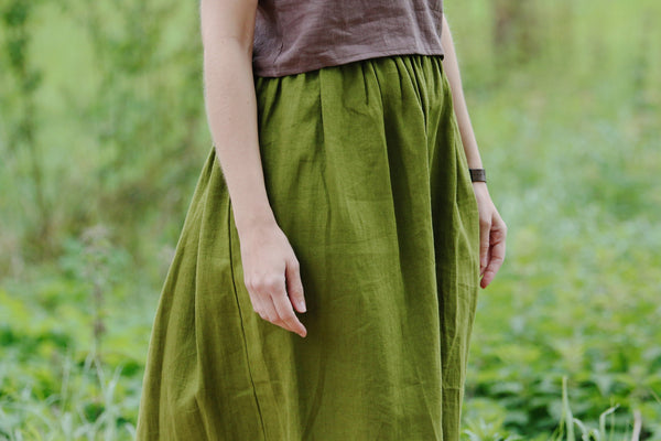 Lotte Olive Linen A-Line Midi Skirt