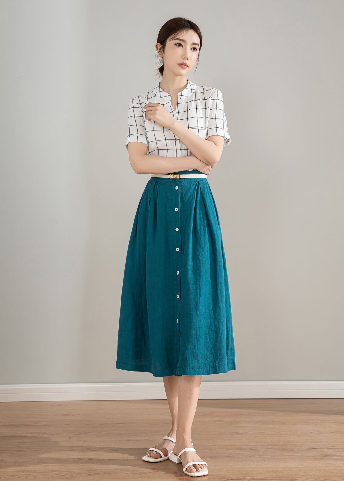 Margot Teal Linen A-Line Midi Skirt — view 3