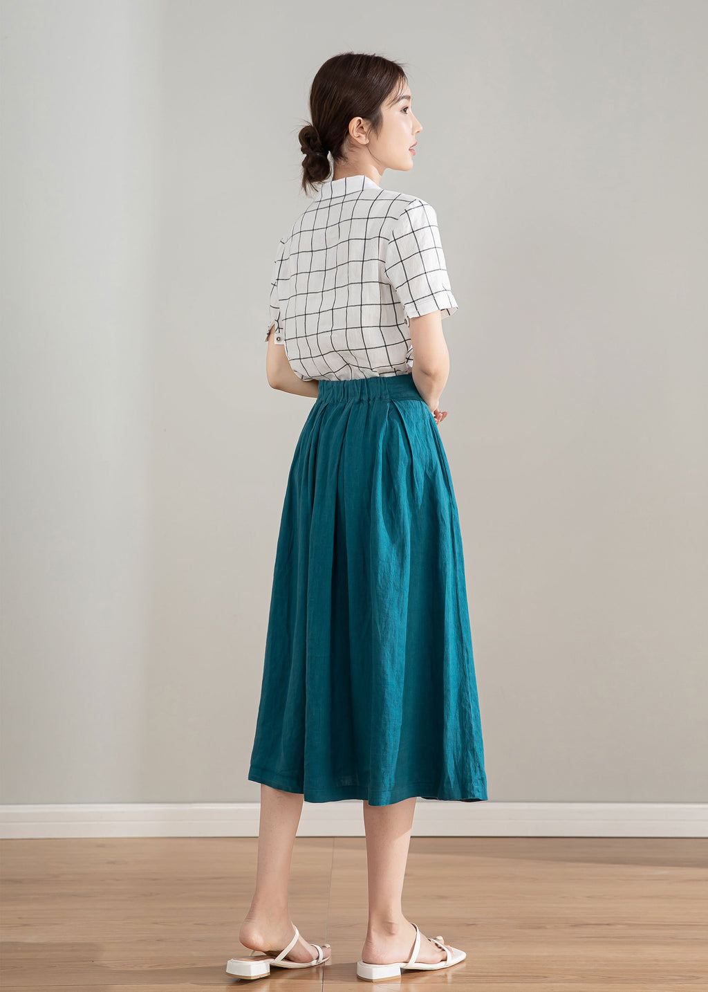 Margot Teal Linen A-Line Midi Skirt — view 6