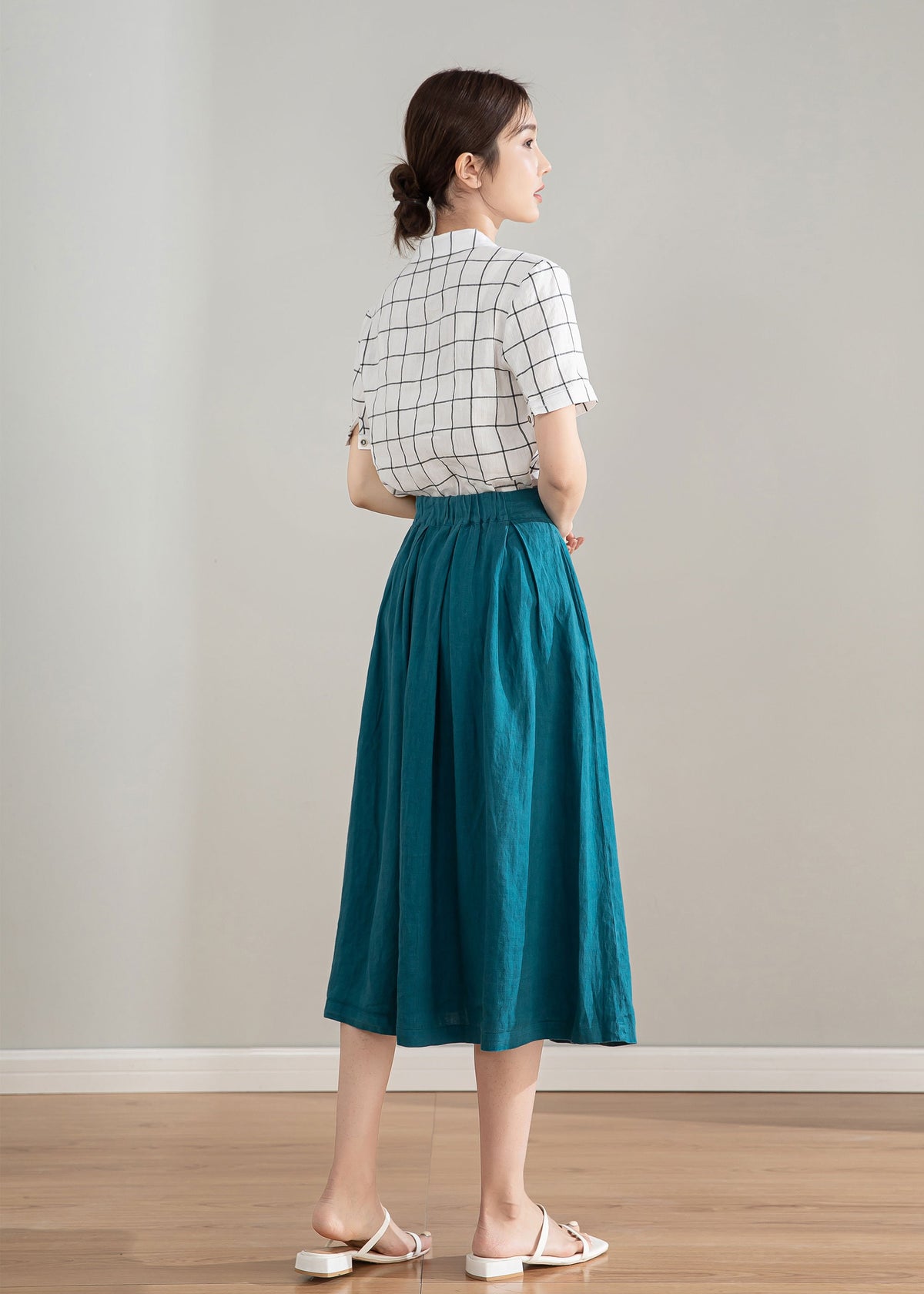 Margot Teal Linen A-Line Midi Skirt — view 6