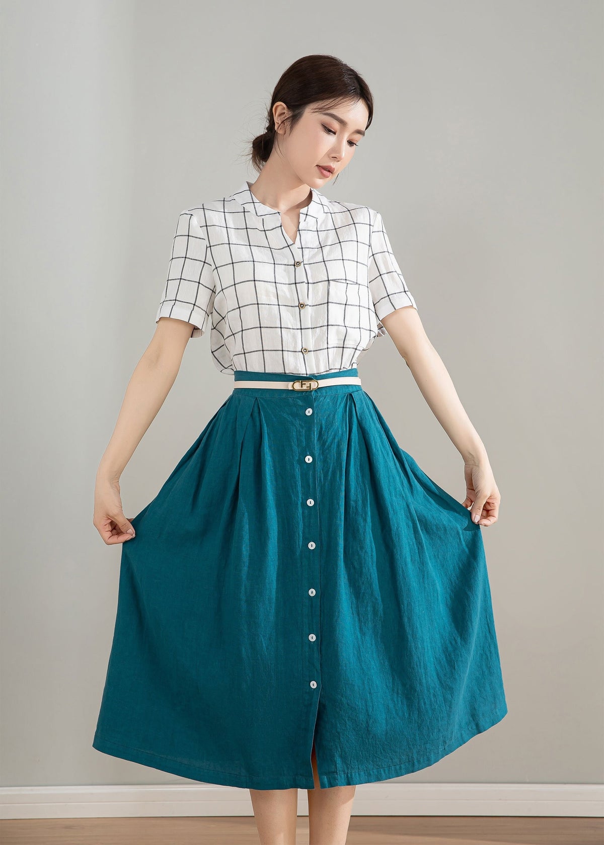 Margot Teal Linen A-Line Midi Skirt — view 4