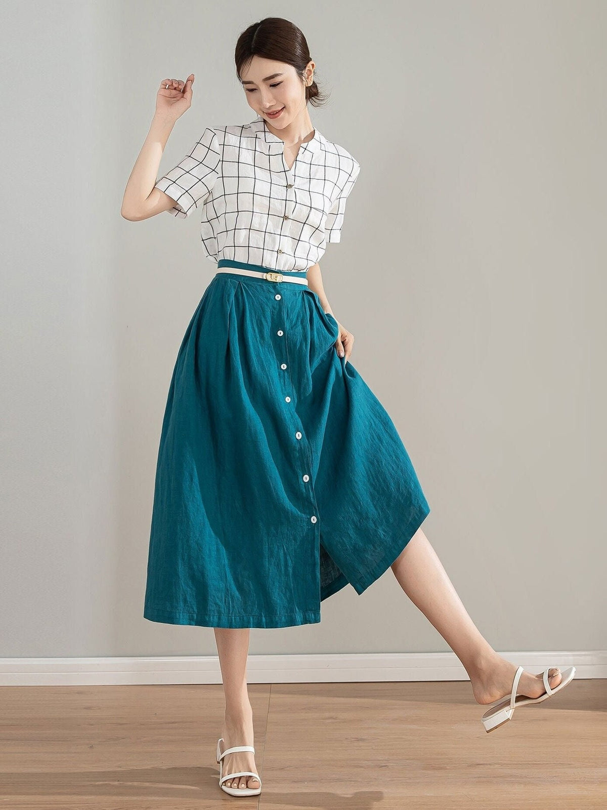 Margot Teal Linen A-Line Midi Skirt — LA's Nine Ninety