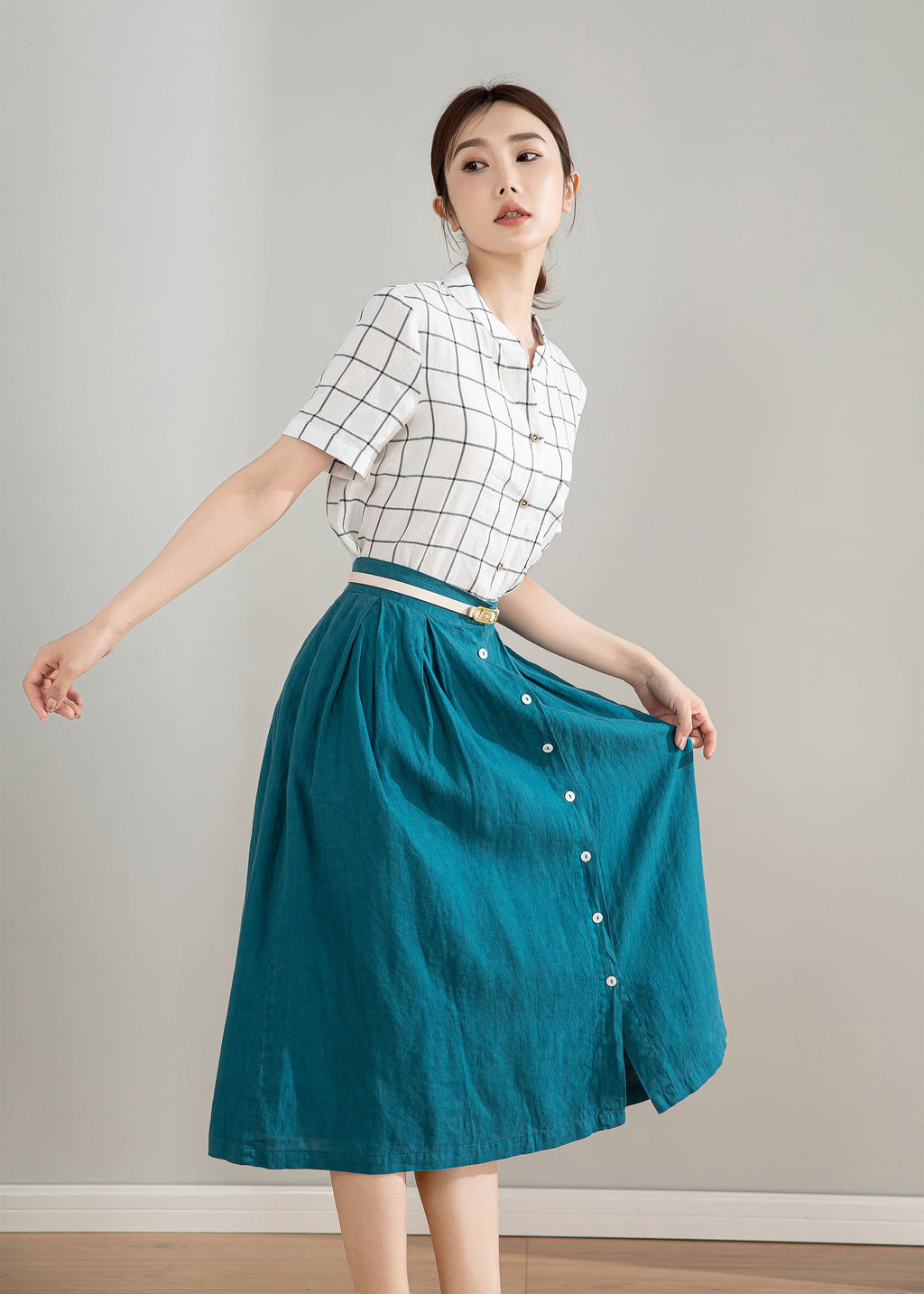 Margot Teal Linen A-Line Midi Skirt — view 5