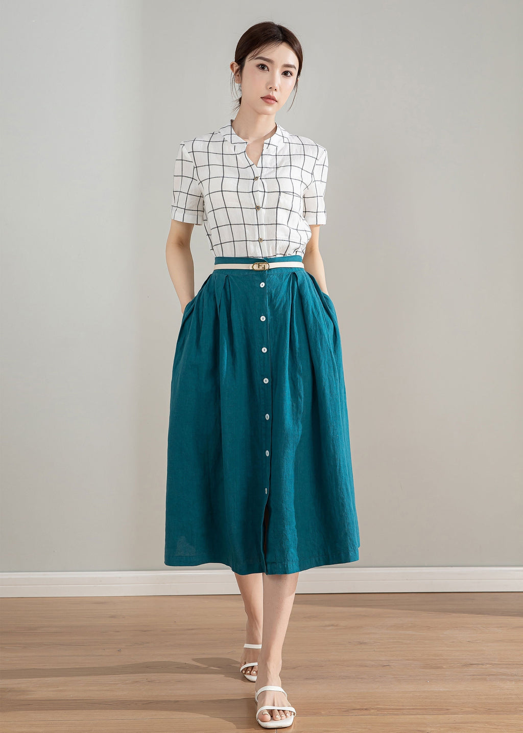 Margot Teal Linen A-Line Midi Skirt — view 2