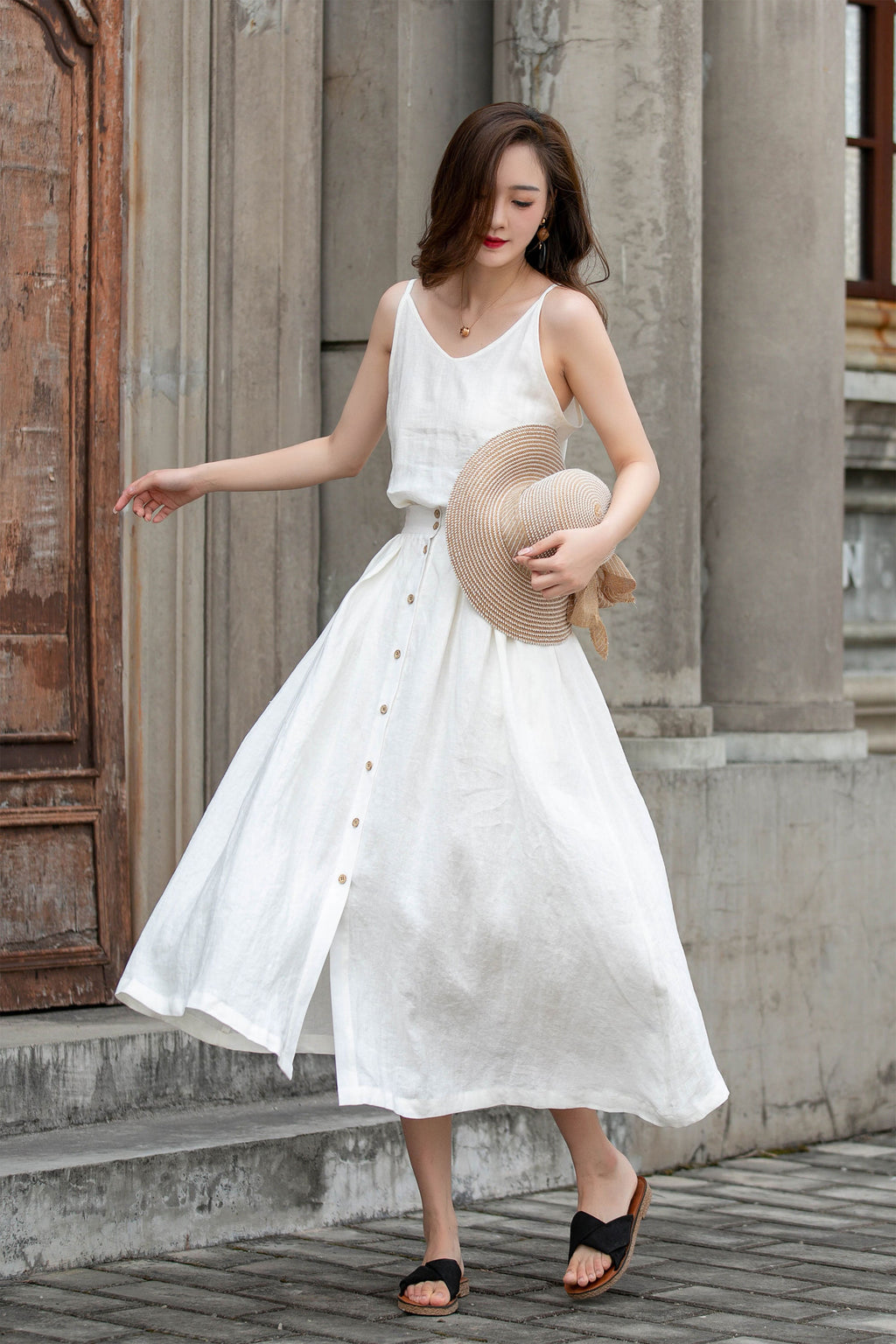 Romy White Linen A-Line Midi Skirt — view 3