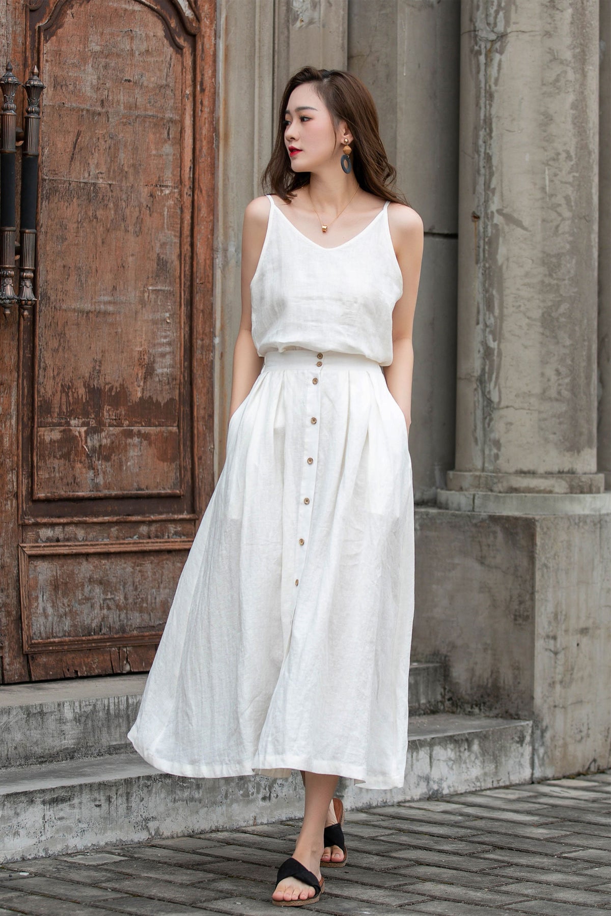Romy White Linen A-Line Midi Skirt — view 5