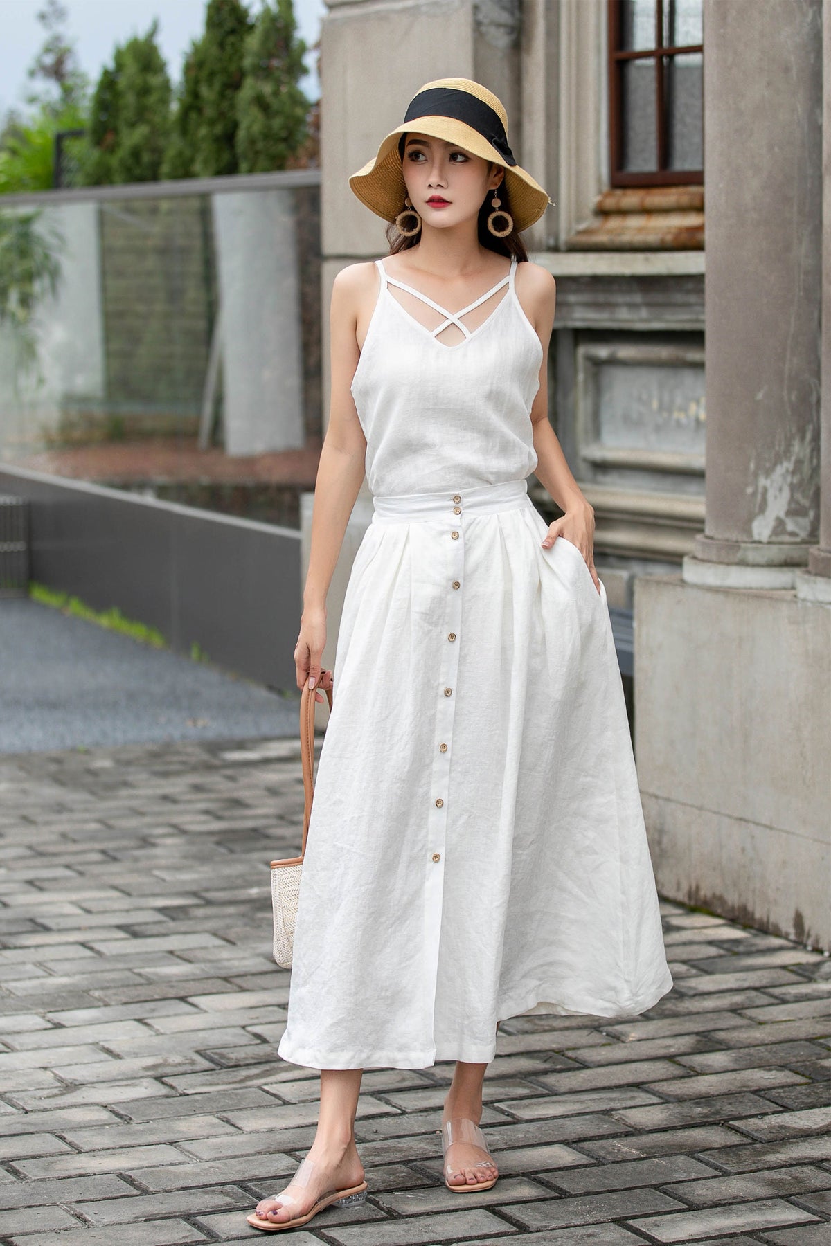 Romy White Linen A-Line Midi Skirt — view 4