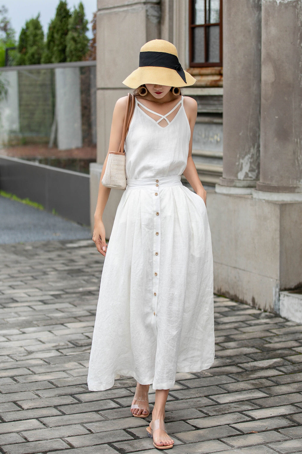 Romy White Linen A-Line Midi Skirt — LA's Nine Ninety