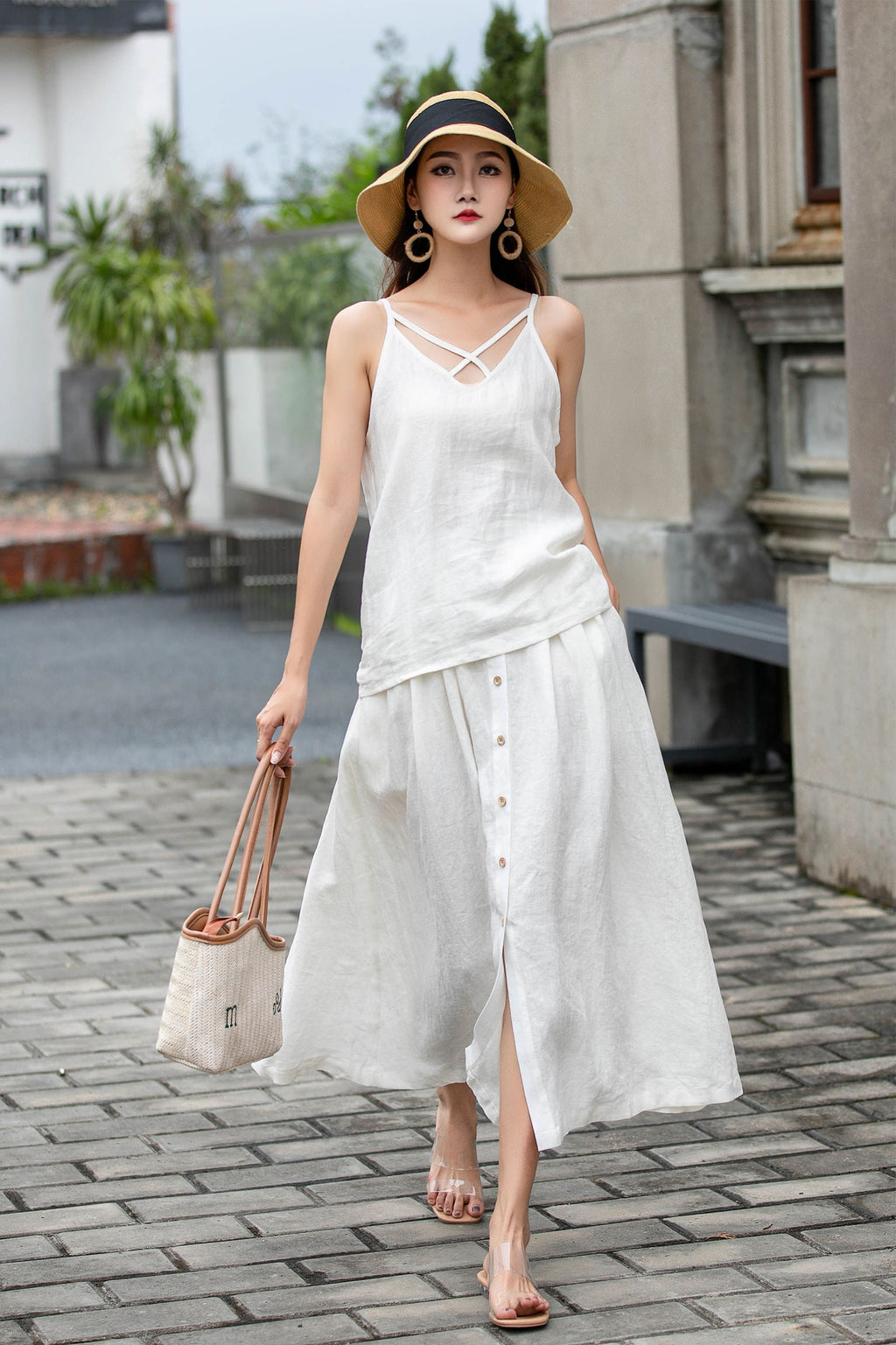 Romy White Linen A-Line Midi Skirt — view 2