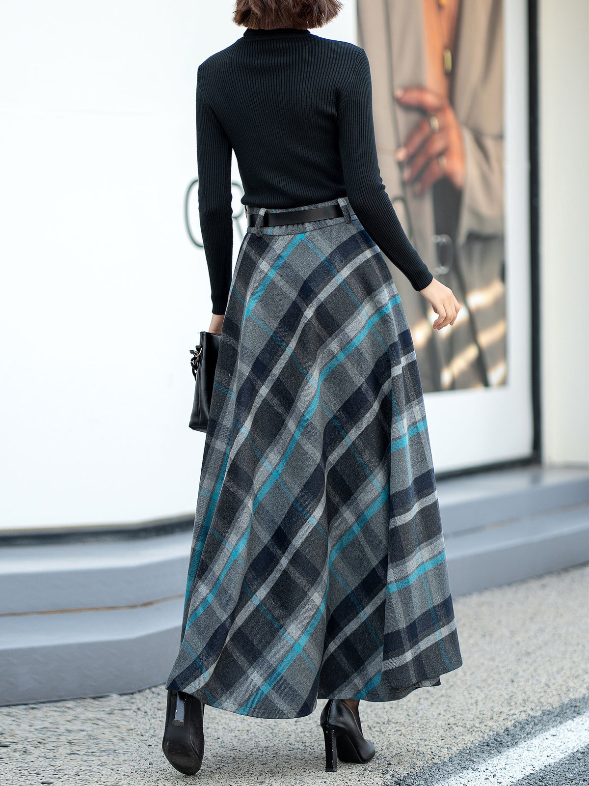 Jade Plaid Wool A-Line Maxi Skirt — view 5