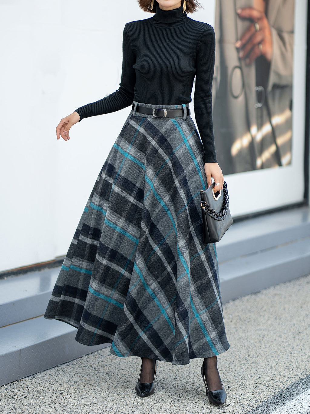 Jade Plaid Wool A-Line Maxi Skirt — view 6