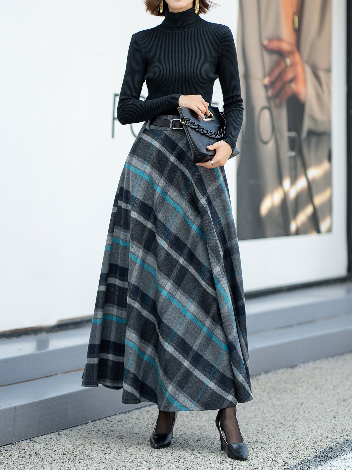 Jade Plaid Wool A-Line Maxi Skirt — view 4