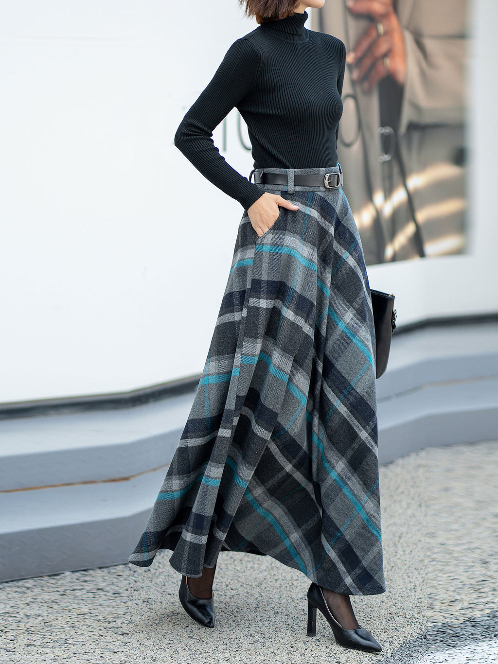 Jade Plaid Wool A-Line Maxi Skirt — view 2