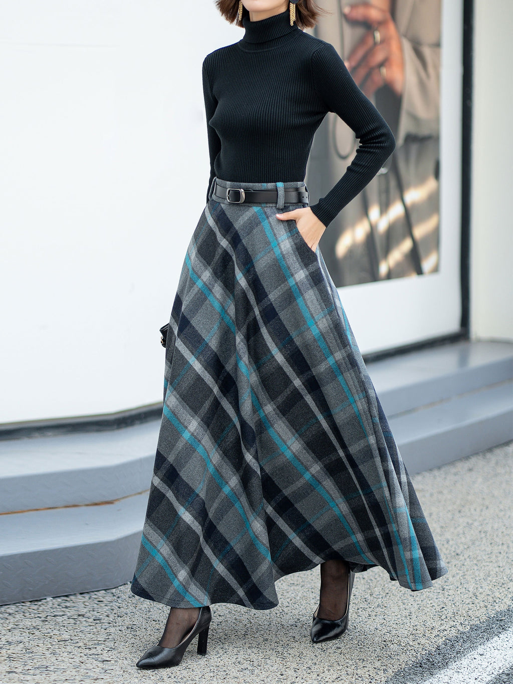 Jade Plaid Wool A-Line Maxi Skirt — view 3