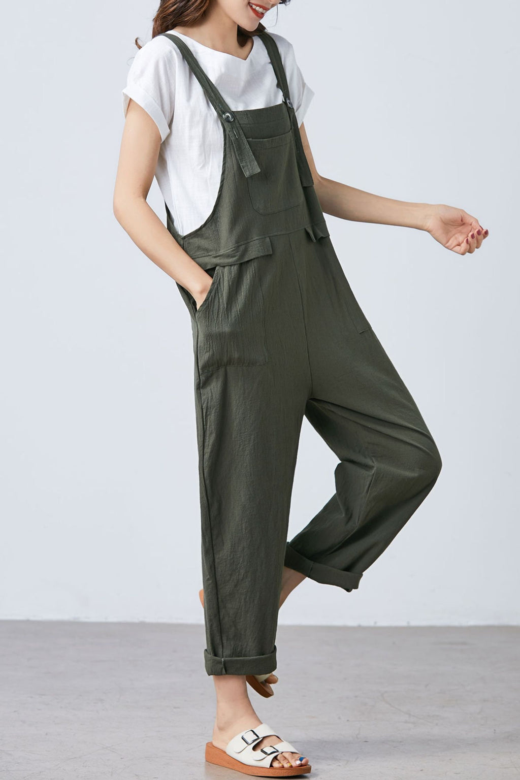 Clara Green Linen Cropped Overalls — view 4