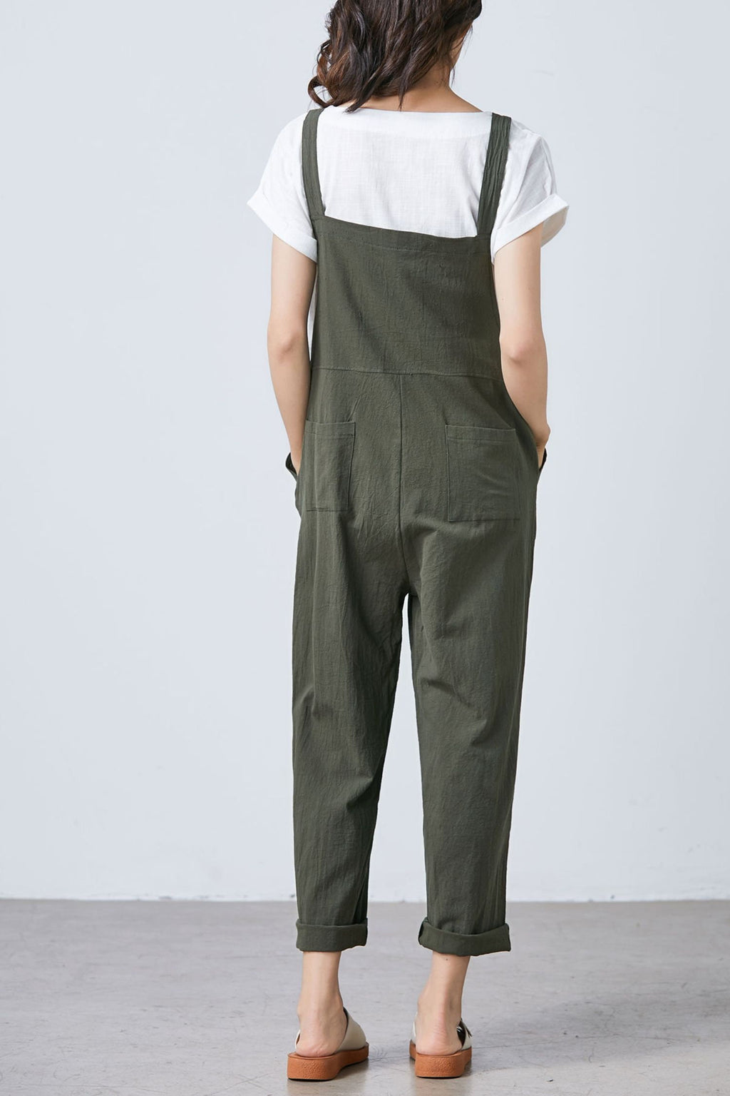 Clara Green Linen Cropped Overalls — view 5