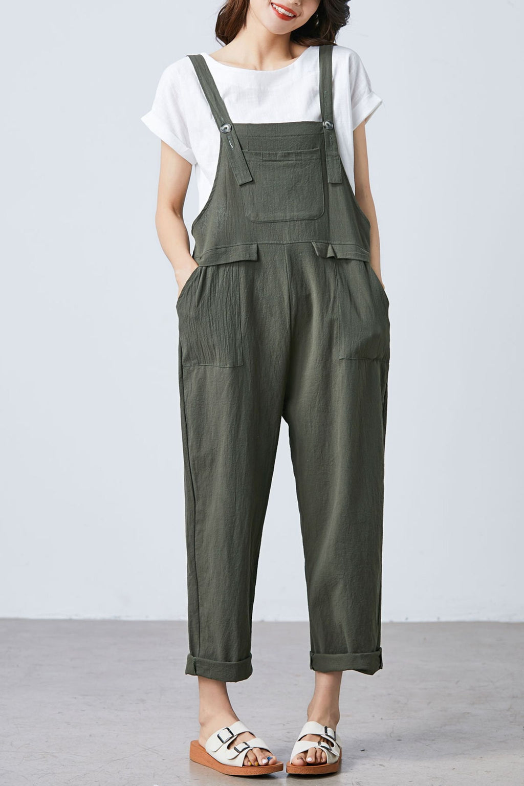 Clara Green Linen Cropped Overalls — view 3