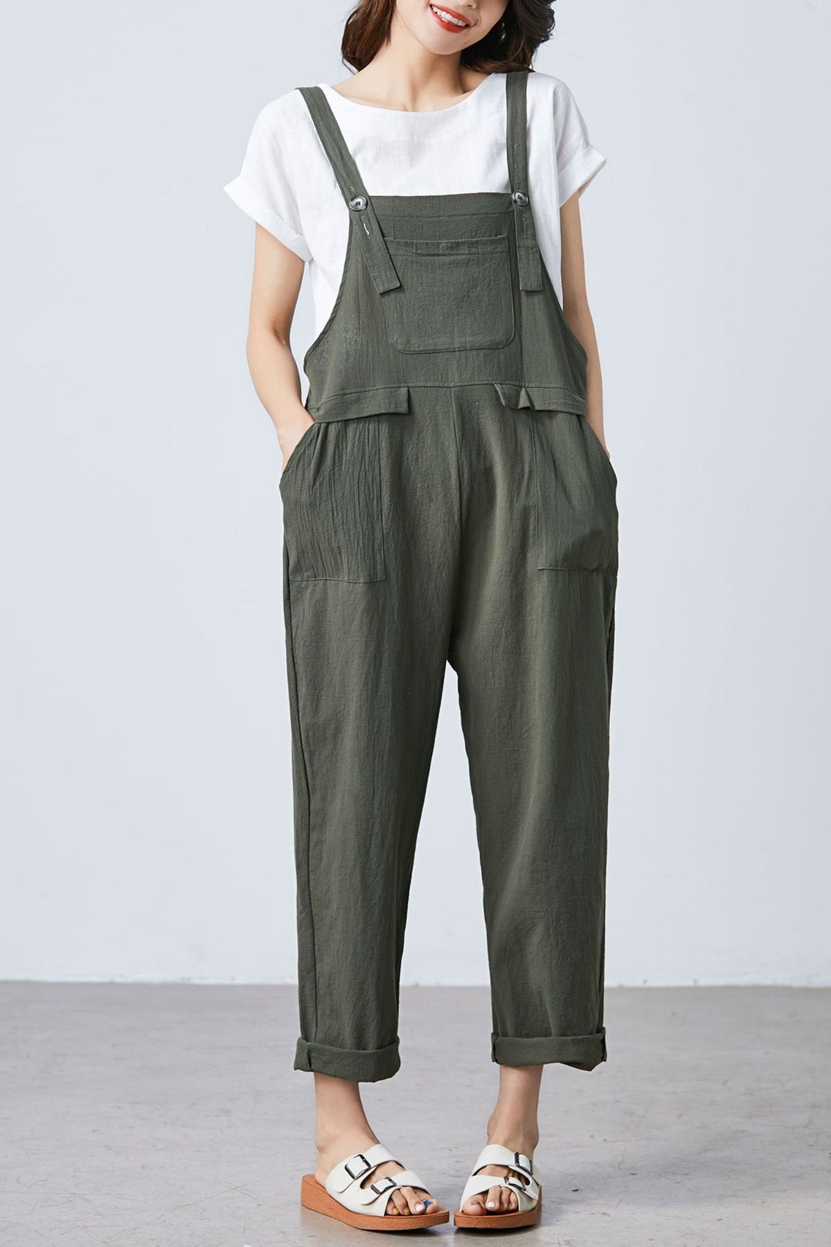 Clara Green Linen Cropped Overalls — view 3