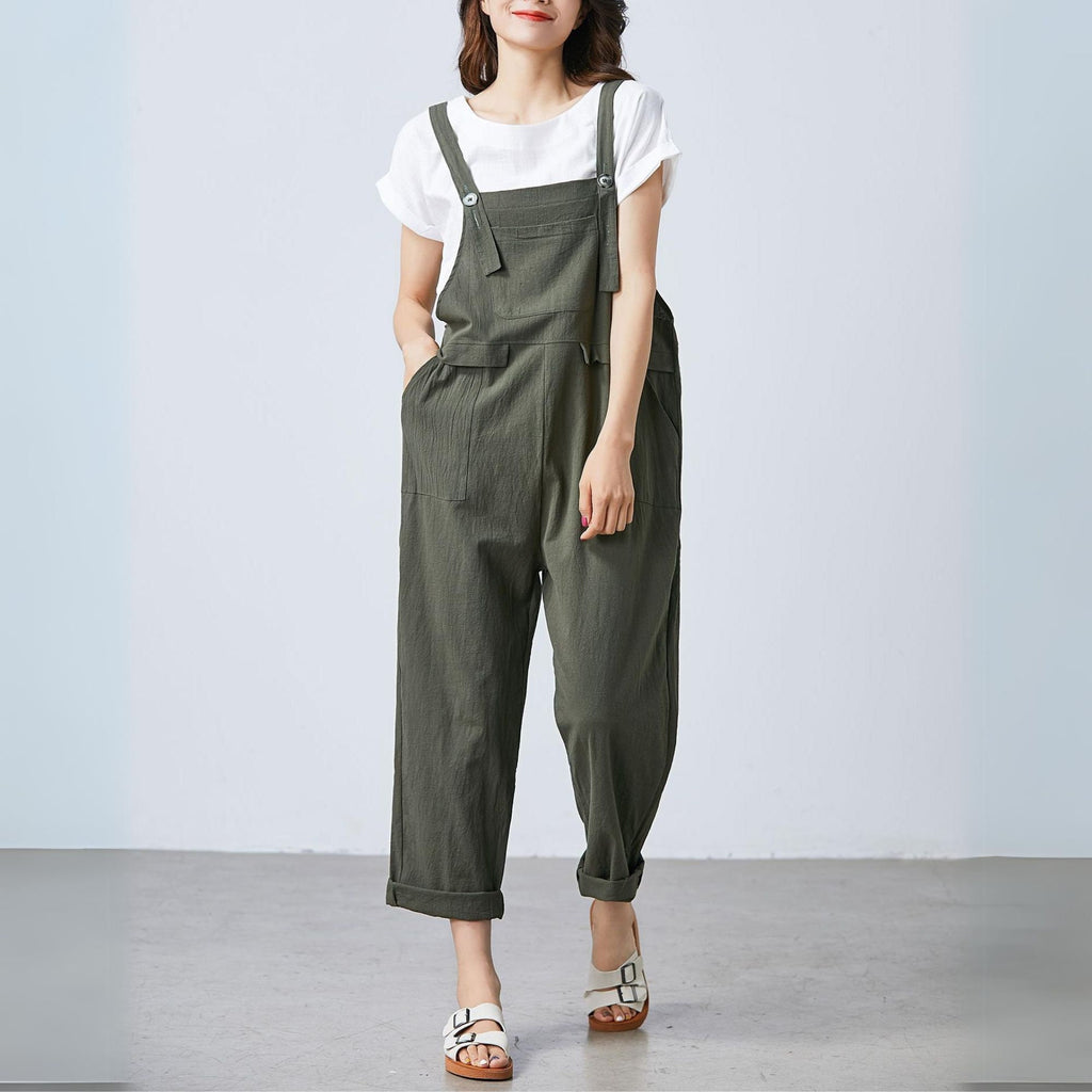 Clara Green Linen Cropped Overalls — view 2