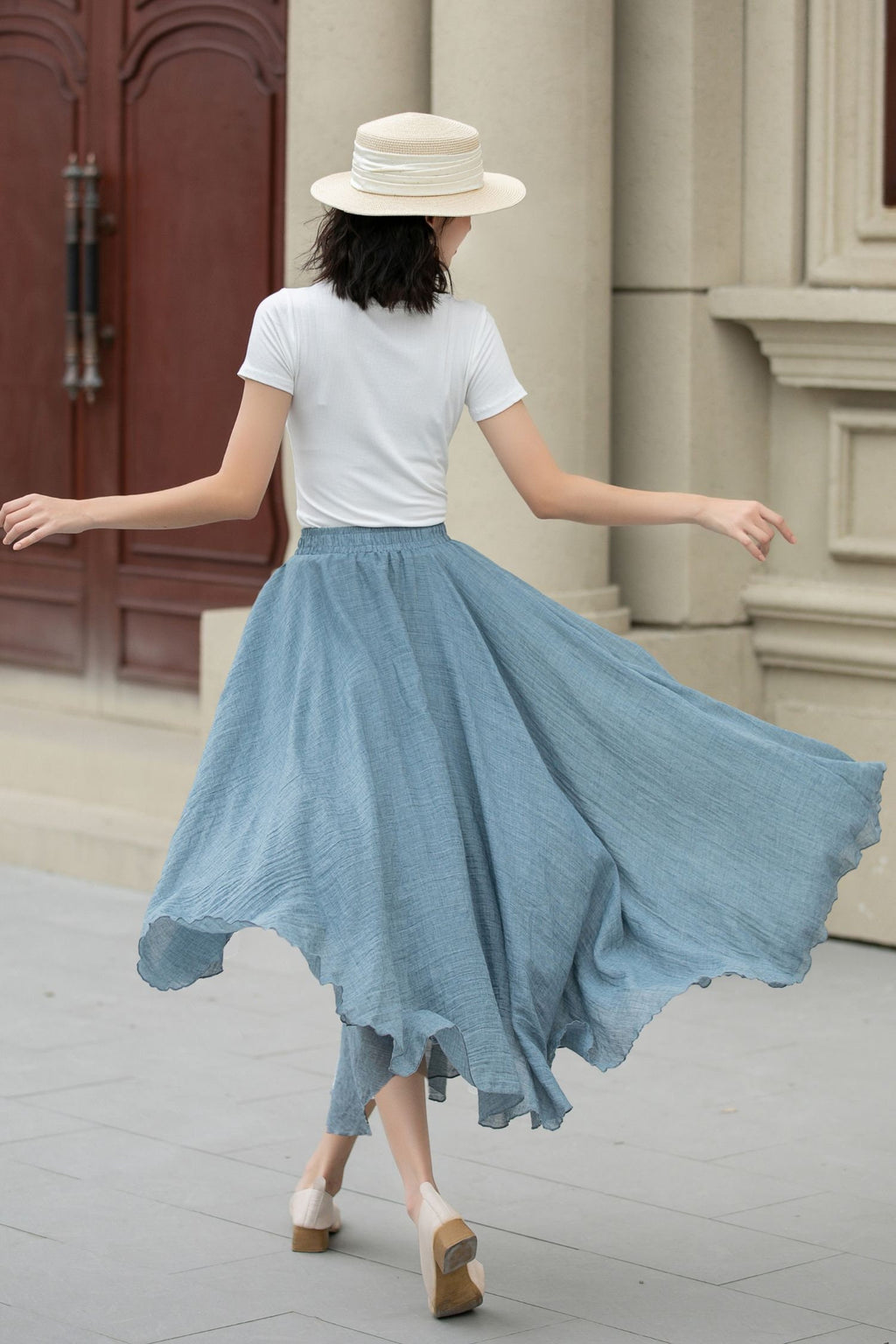 Pia Light Blue Linen Pleated Maxi Skirt — view 5