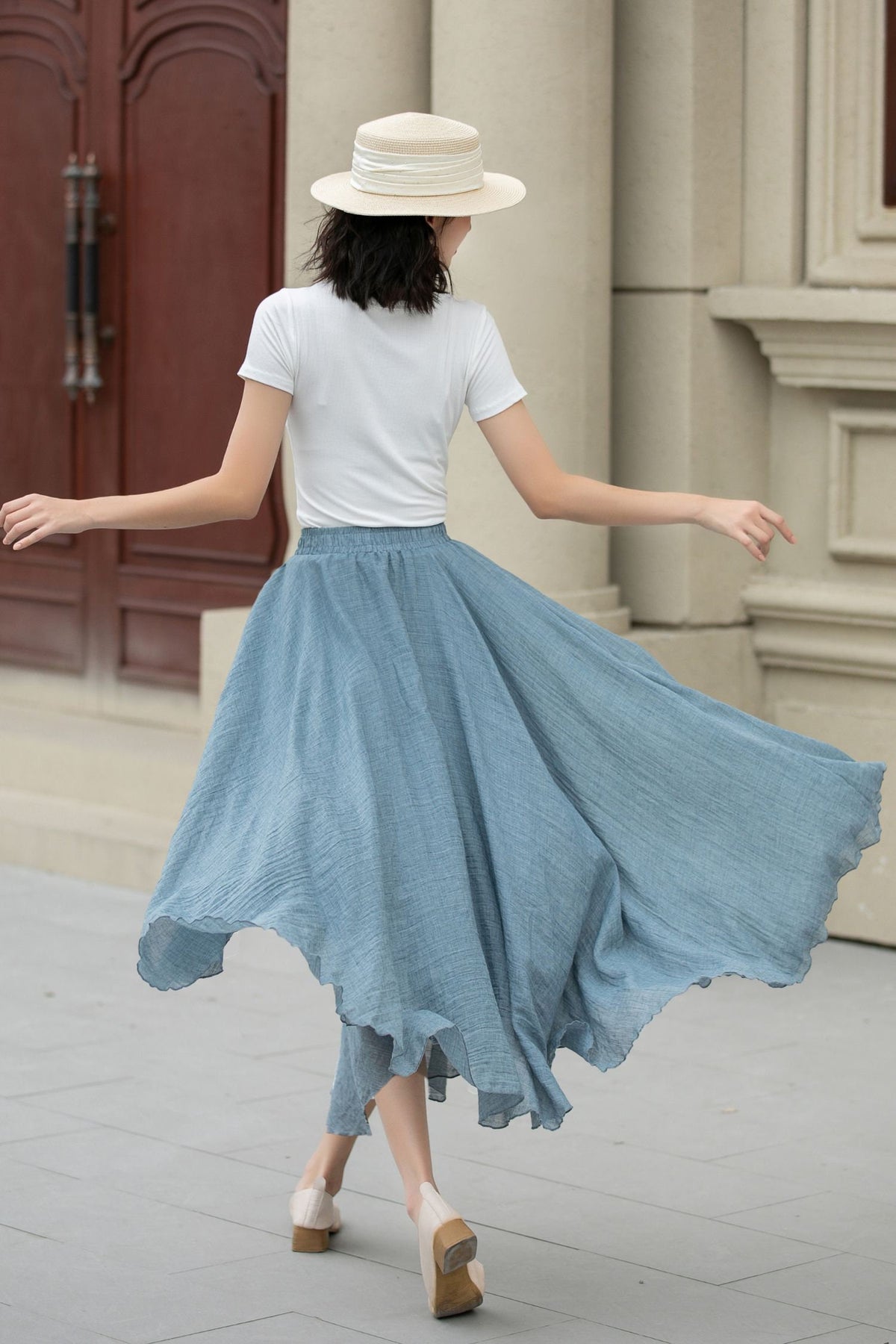 Pia Light Blue Linen Pleated Maxi Skirt — view 5