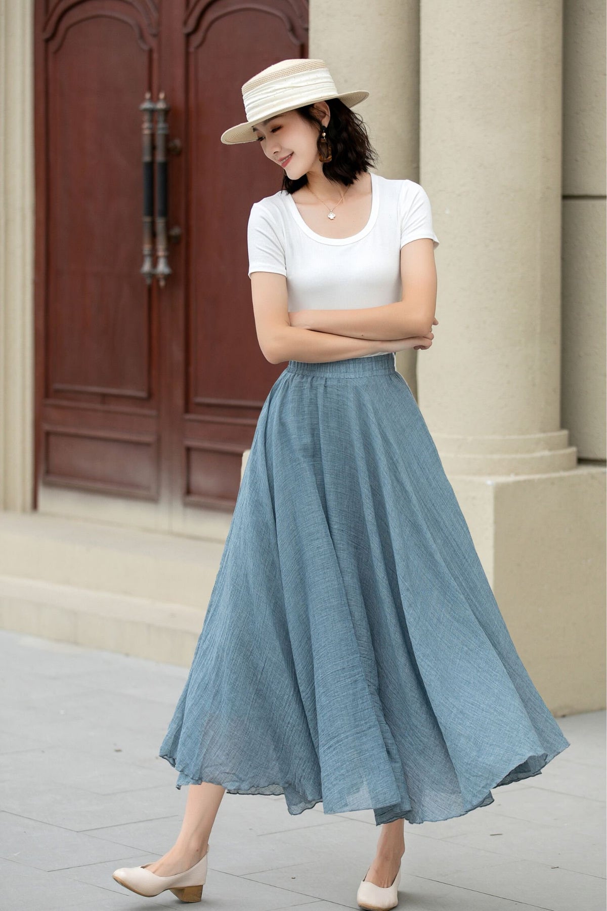 Pia Light Blue Linen Pleated Maxi Skirt — view 4