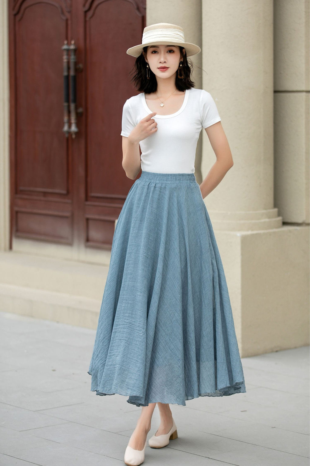 Pia Light Blue Linen Pleated Maxi Skirt — view 3