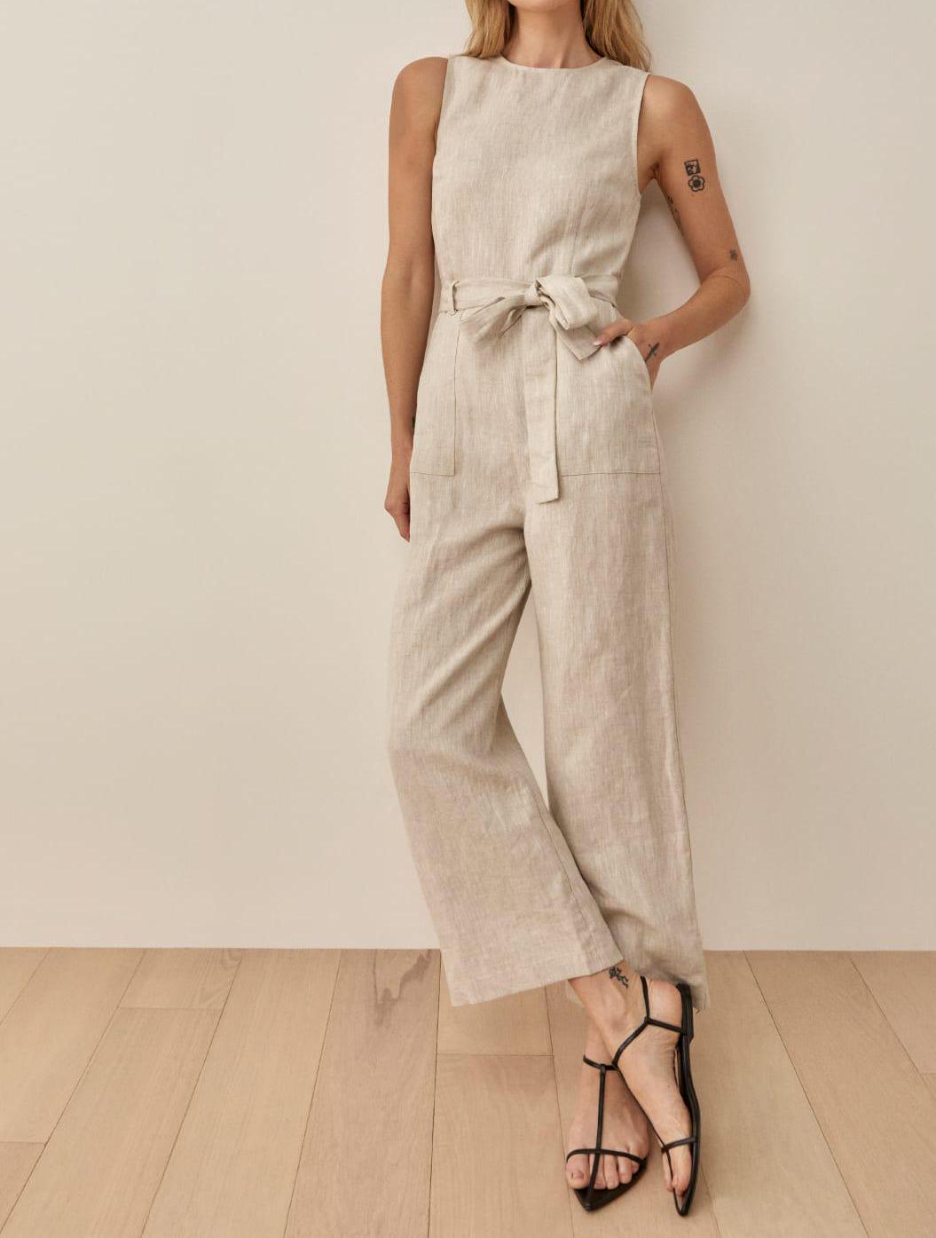 Marlo Beige Linen Wide-Leg Jumpsuit — view 4