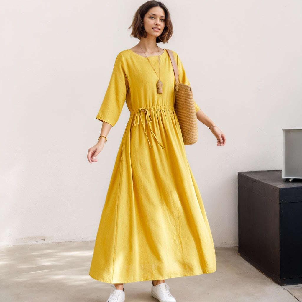 Flora Yellow Linen Drawstring Maxi Dress — LA's Nine Ninety
