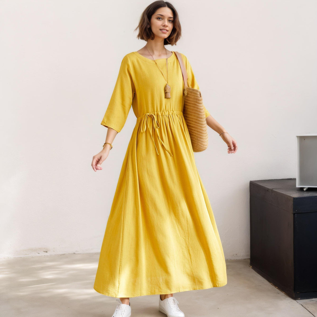 Flora Yellow Linen Drawstring Maxi Dress — LA's Nine Ninety