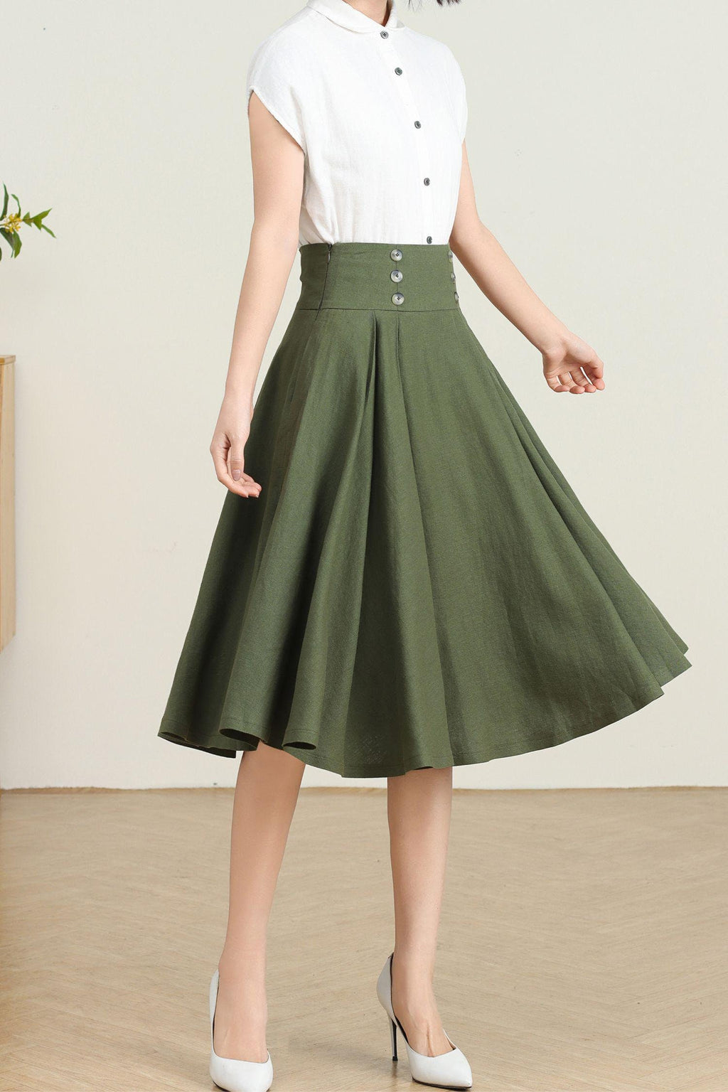 Ottilie Green Linen Swing Midi Skirt — view 2