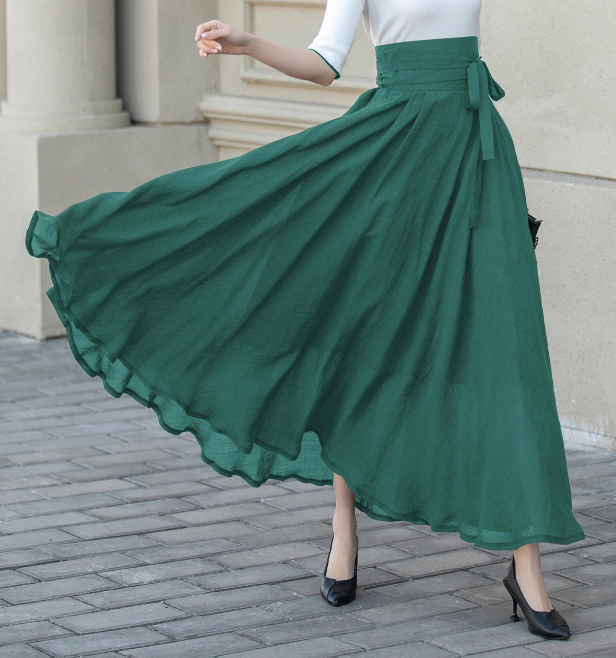 Carmen Green Linen Swing Maxi Skirt — view 4