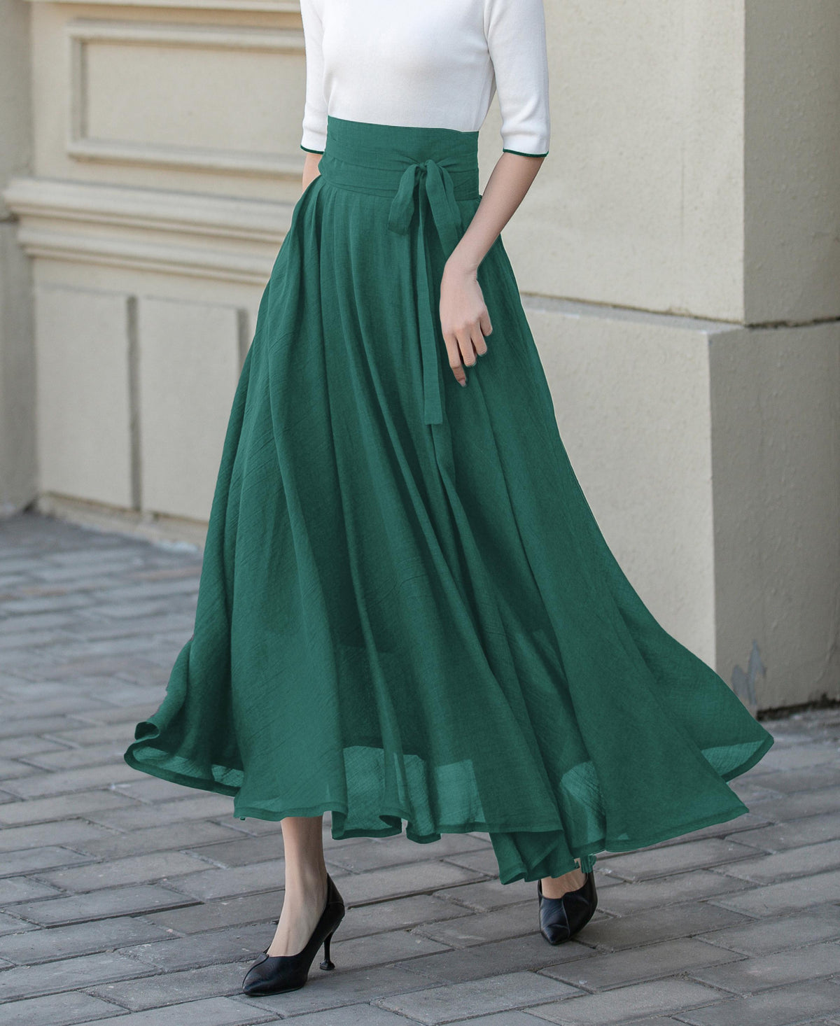 Carmen Green Linen Swing Maxi Skirt — view 3