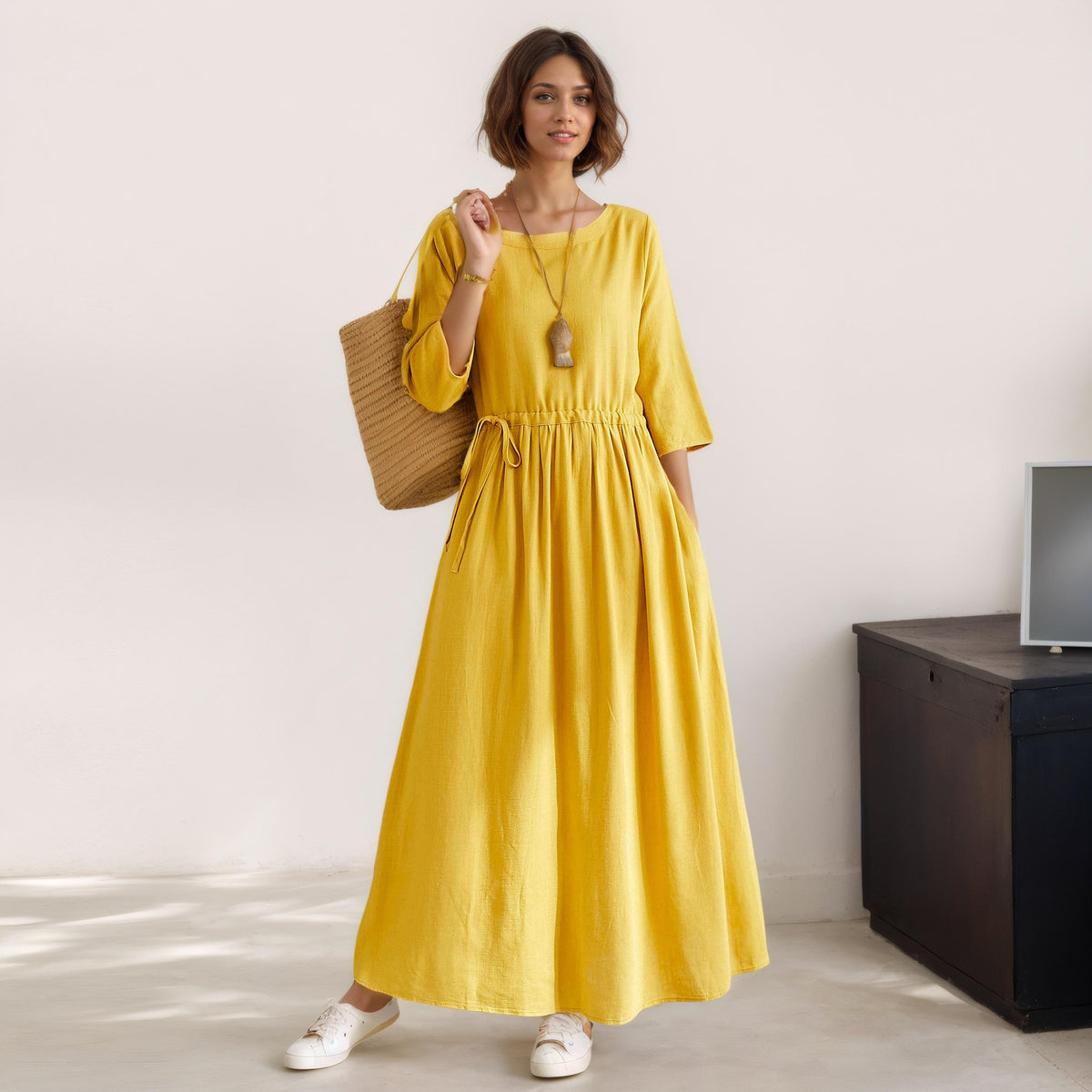 Flora Yellow Linen Drawstring Maxi Dress — view 2