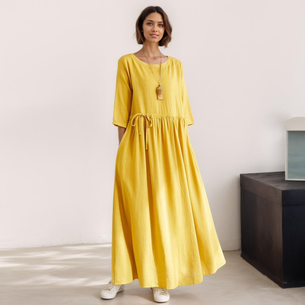 Flora Yellow Linen Drawstring Maxi Dress — view 3
