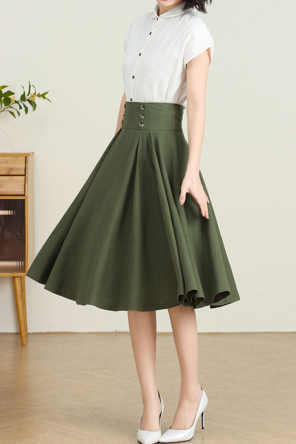 Ottilie Green Linen Swing Midi Skirt — view 3