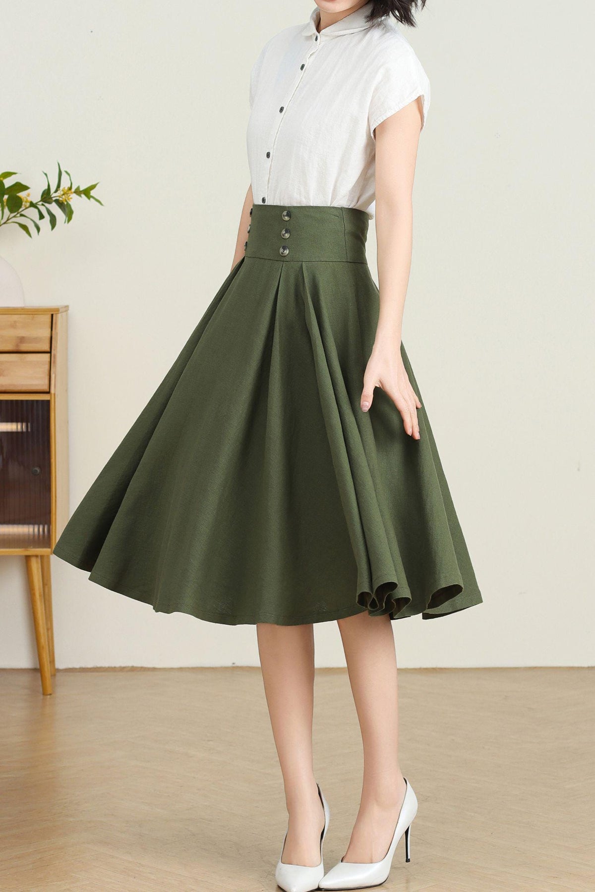 Ottilie Green Linen Swing Midi Skirt — view 3