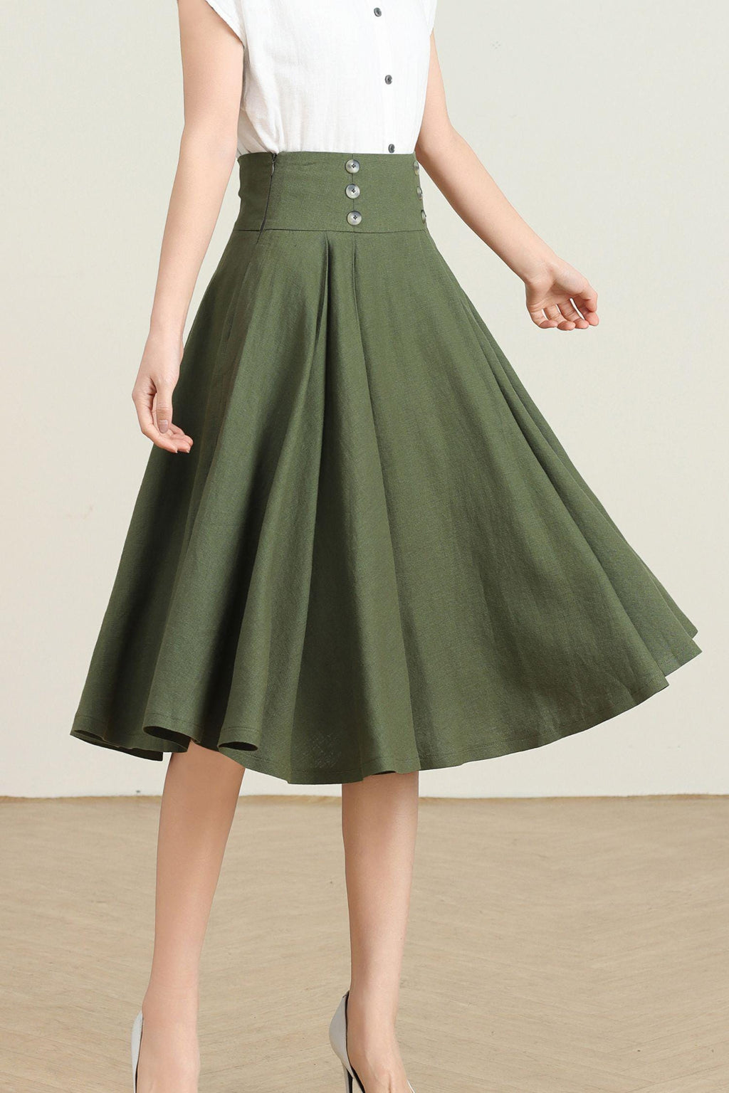 Ottilie Green Linen Swing Midi Skirt — view 6