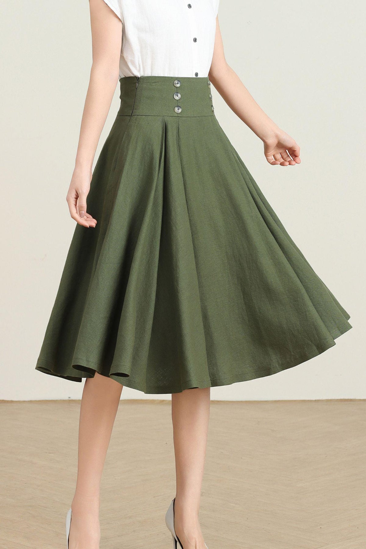 Ottilie Green Linen Swing Midi Skirt — view 6