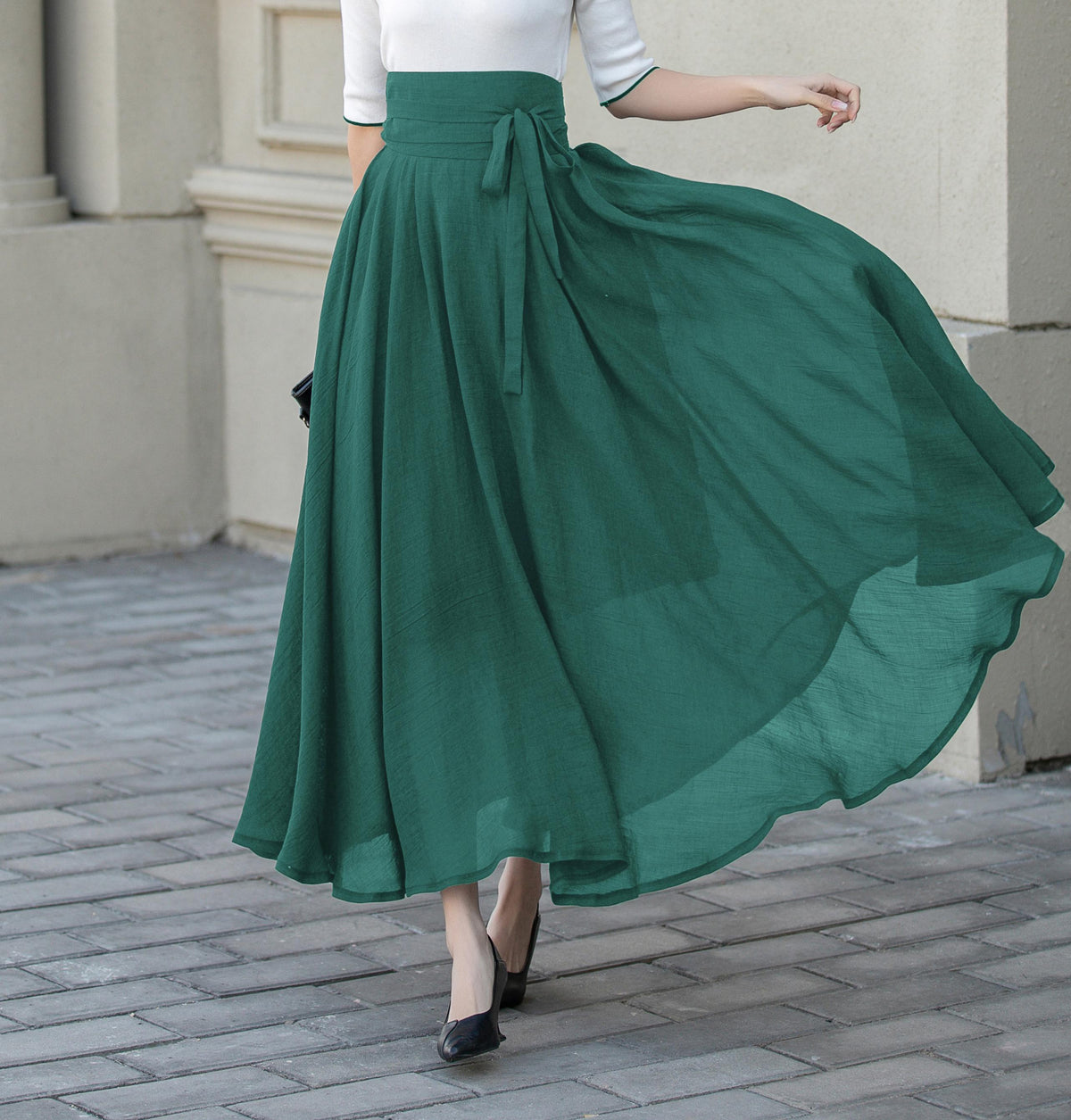 Carmen Green Linen Swing Maxi Skirt — view 2