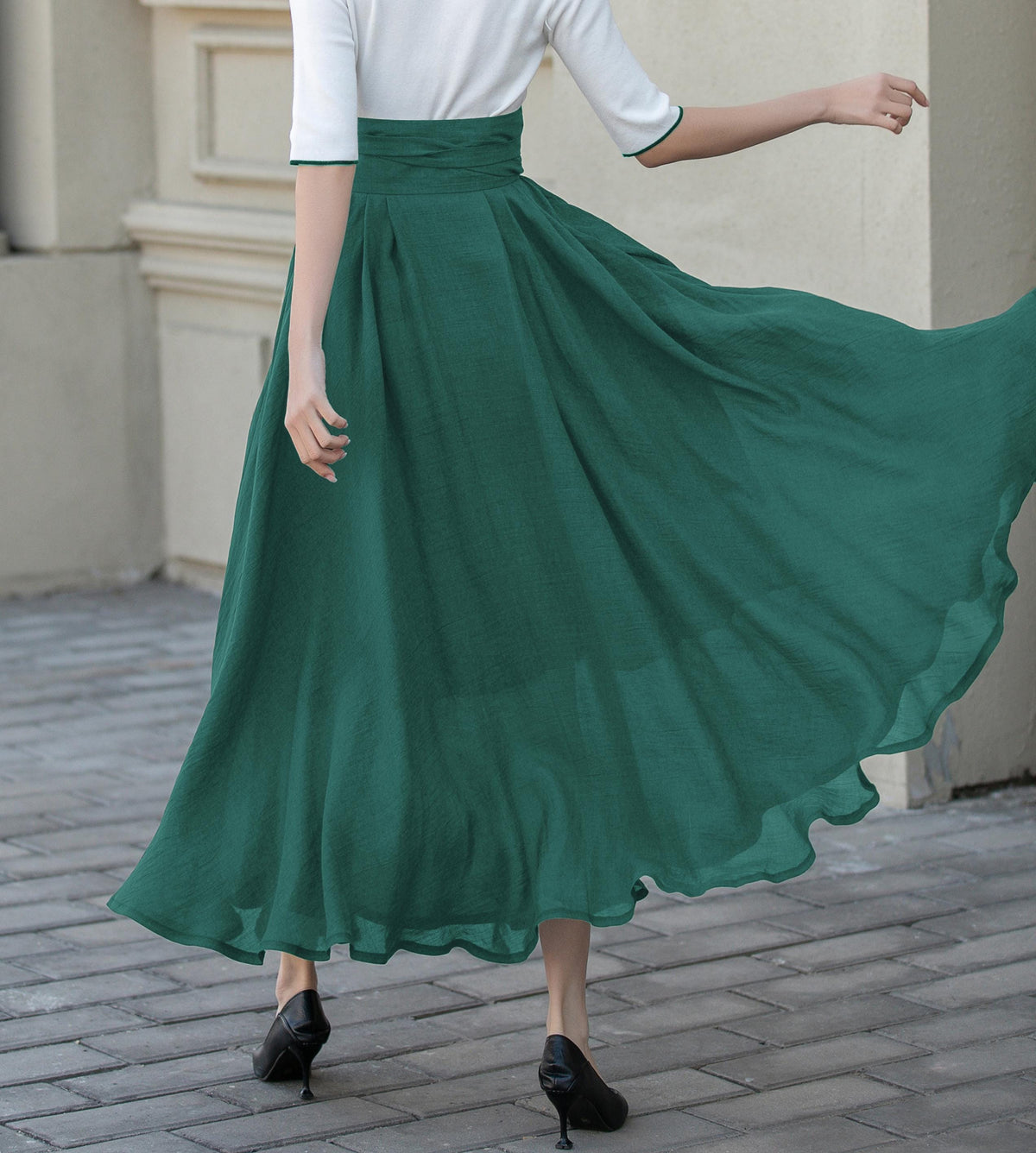 Carmen Green Linen Swing Maxi Skirt — view 5