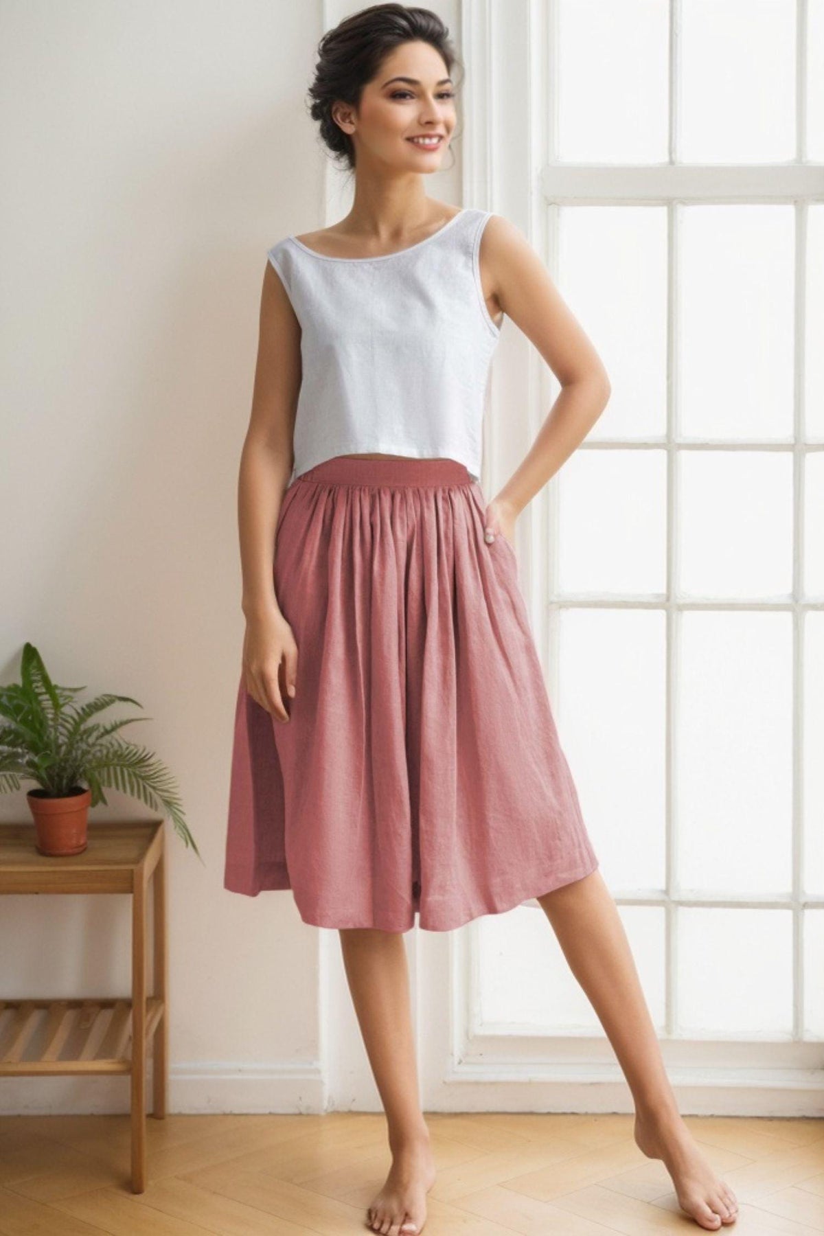 Ivy Pink Linen High-Waist Midi Skirt — view 4