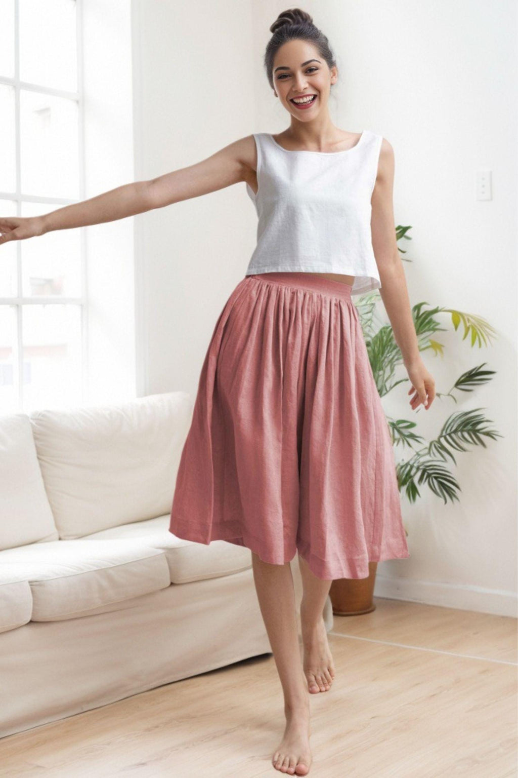 Ivy Pink Linen High-Waist Midi Skirt — view 3