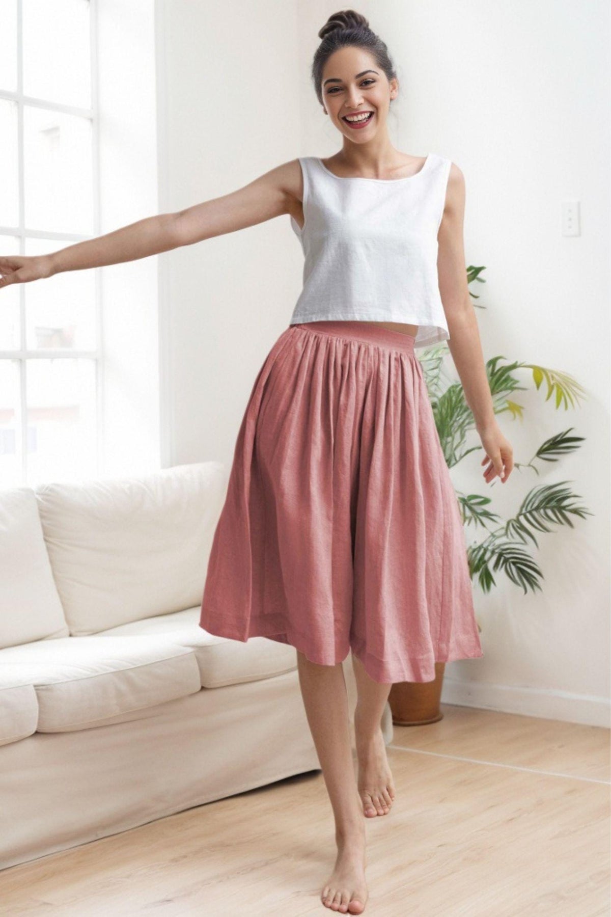 Ivy Pink Linen High-Waist Midi Skirt — view 3
