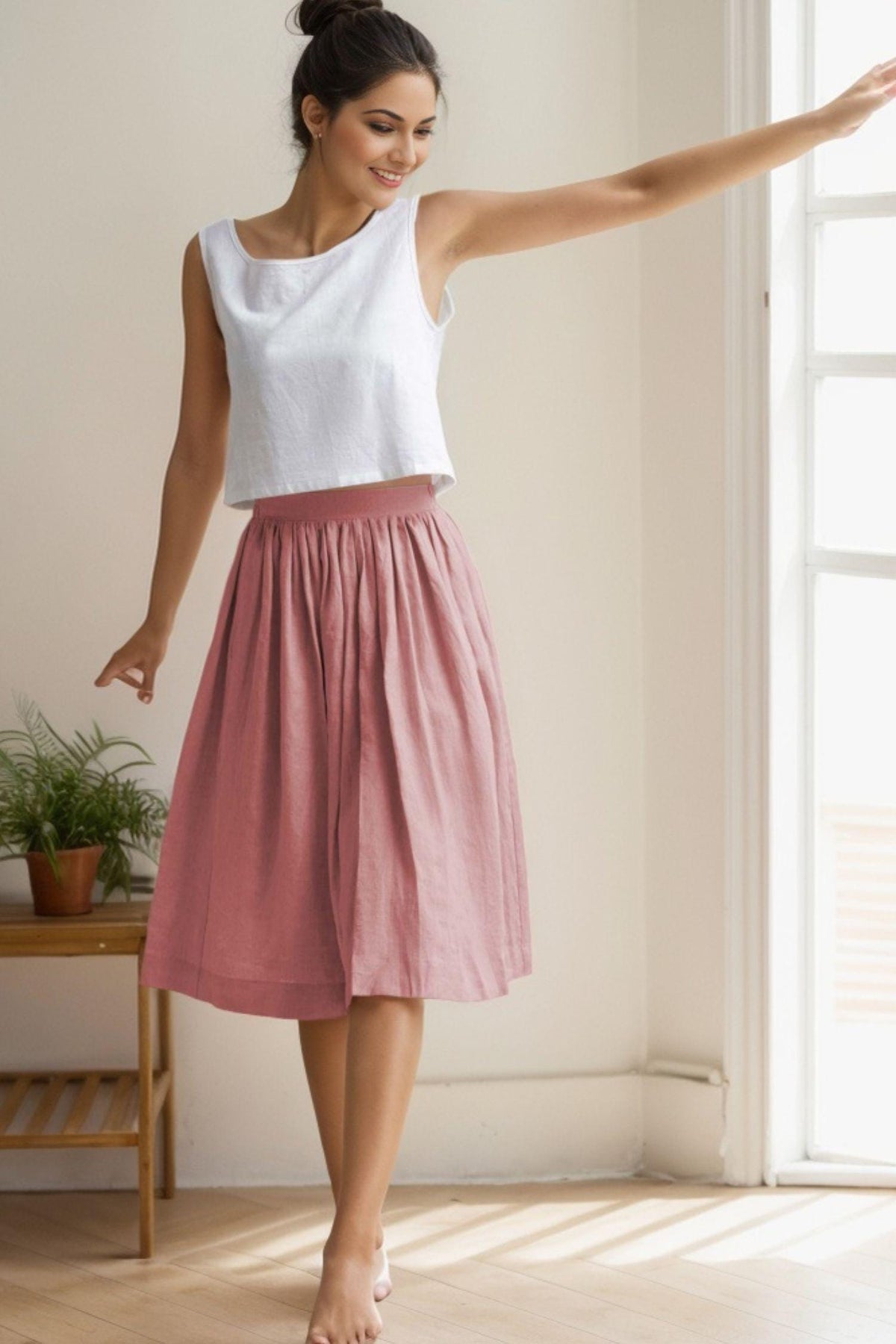 Ivy Pink Linen High-Waist Midi Skirt — view 2