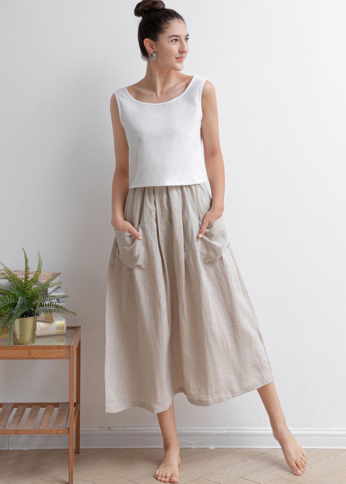 Nina Beige Linen High-Waist Midi Skirt — LA's Nine Ninety