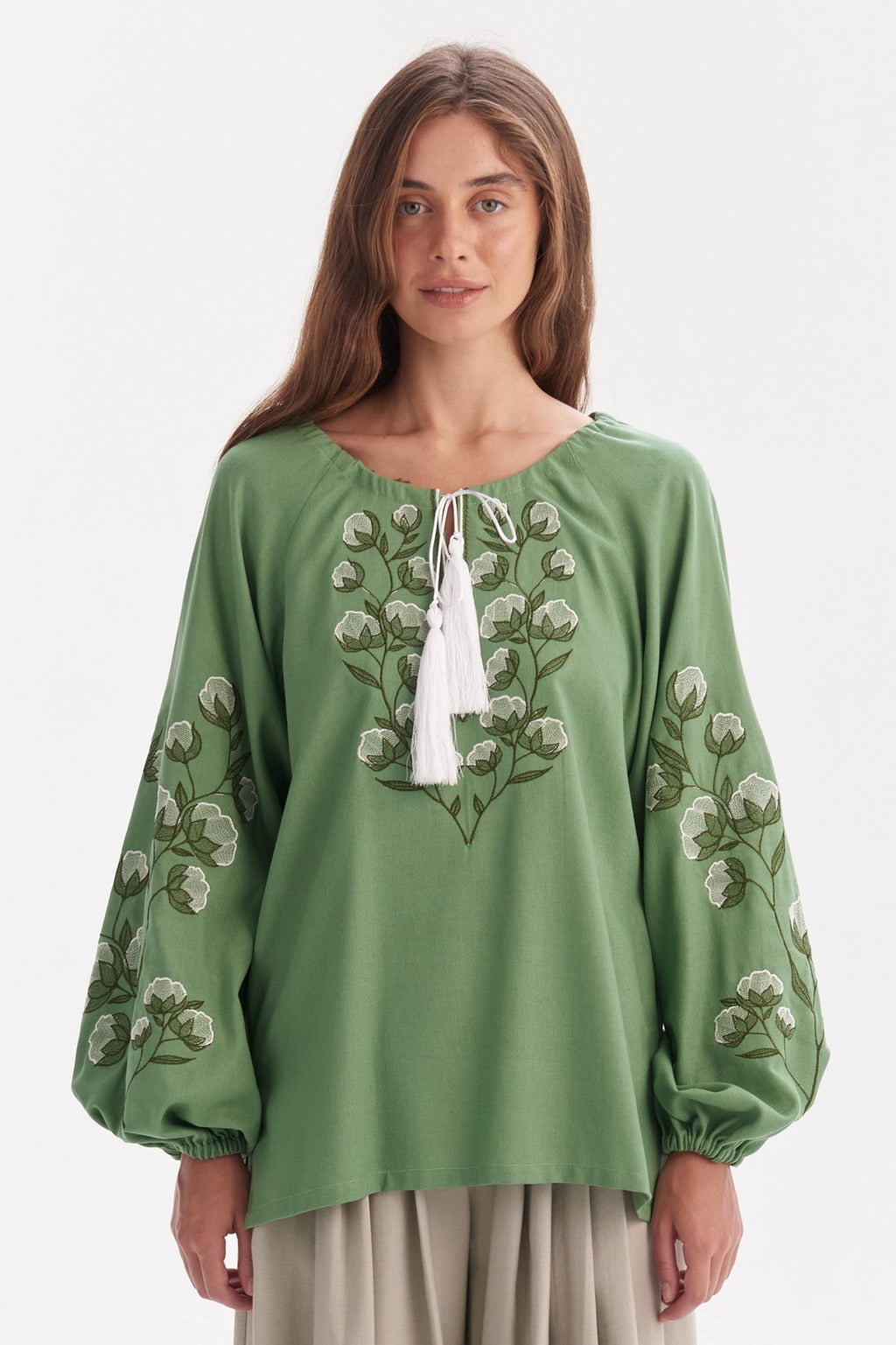 Vivi Green Linen Embroidered Shirt — LA's Nine Ninety